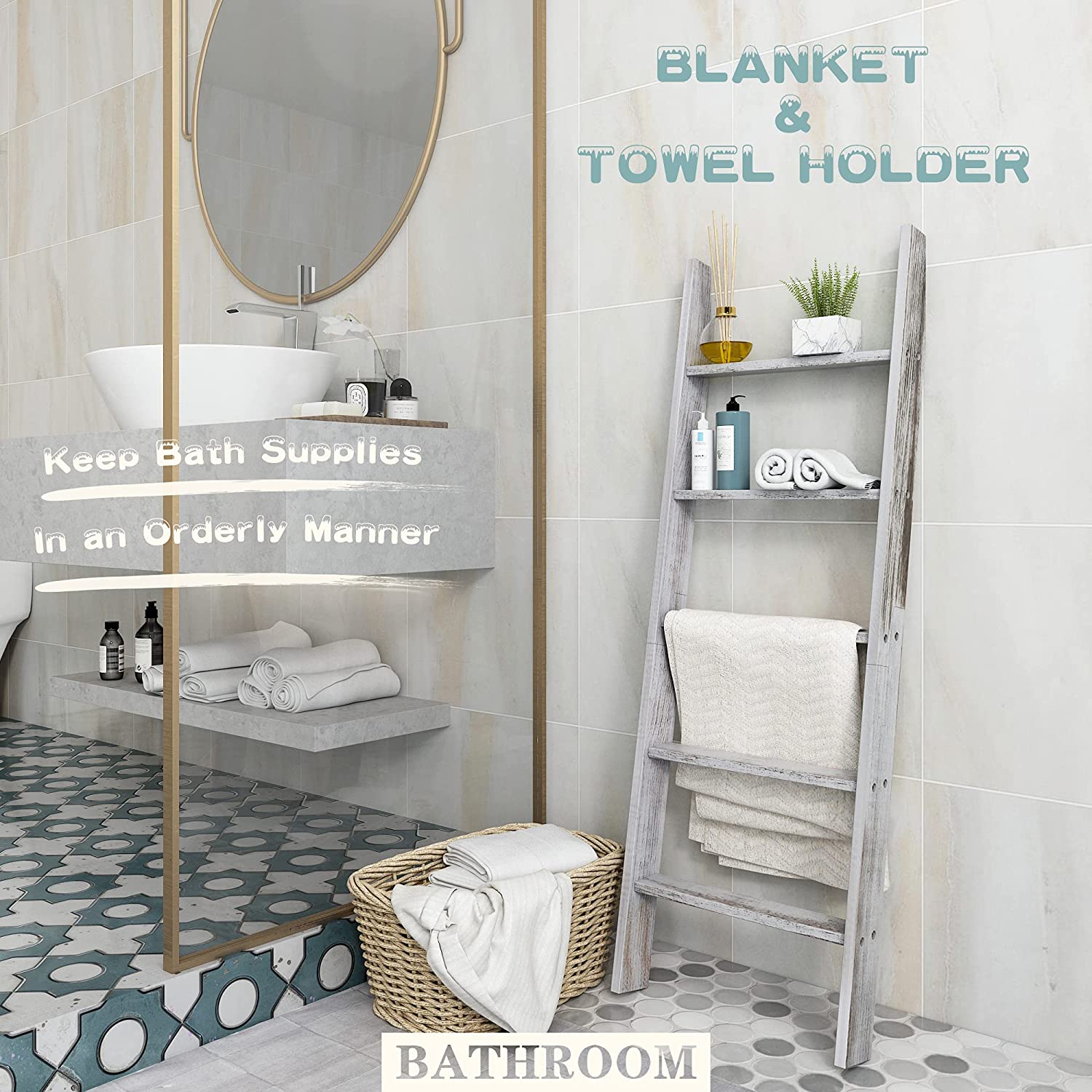 4.5 FT Rustic Wood Wall-Leaning Farmhouse Ladder Blanket and Towel Holder, Decorative Ladder Shelf for Throw Blankets, Quilts-Perfect for Living Area, Distressed White
