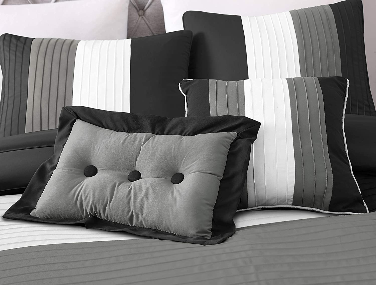 Chezmoi Collection Loft 6-Piece Luxury Striped Comforter Set (Twin, Black/Gray/White)