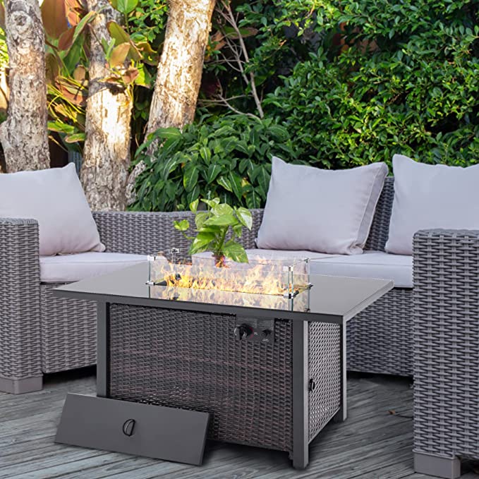44 in Propane Fire Pit Table,Rattan Fire Pit Table with Glass Wind Guard,60,000 BTU Auto-Ignition Gas Firepit,CSA Certification and Black Tempered Glass Tabletop ,for Outdoor, Patio, Lawn…