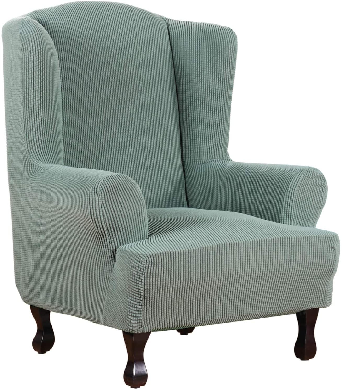 1 Piece Super Stretch Stylish Furniture Cover/Wingback Chair Cover Slipcover Spandex Jacquard Checked Pattern, Super Soft Slipcover Machine Washable/Skid Resistance (Wing Chair, Sage)