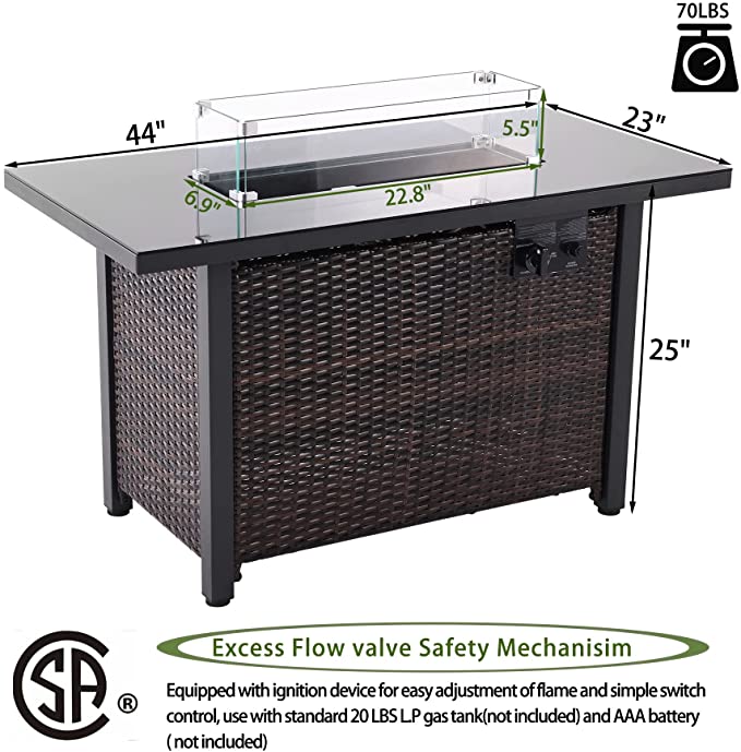 44 in Propane Fire Pit Table,Rattan Fire Pit Table with Glass Wind Guard,60,000 BTU Auto-Ignition Gas Firepit,CSA Certification and Black Tempered Glass Tabletop ,for Outdoor, Patio, Lawn…