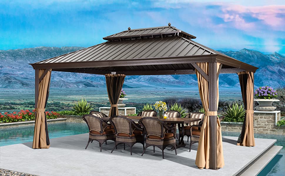 12' X 16' Double Roof Hardtop Aluminum Permanent Gazebo With Mosquito Net And Privacy Curtain (3 Boxes) CL157