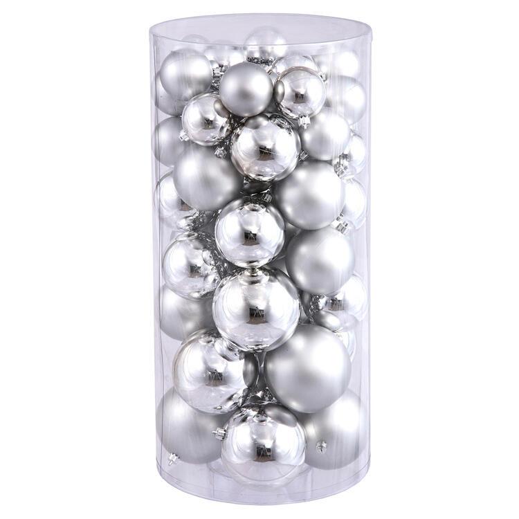 50 Pack - 1.5" - 2" Shiny and Matte Ball Ornaments, Silver (#K5485)