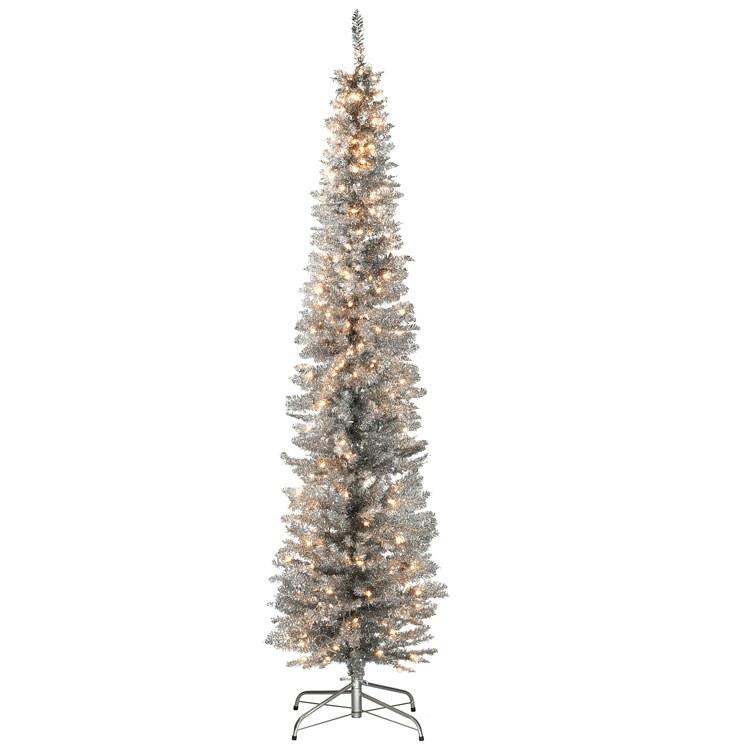 7' Silver Tinsil Tree with Metal Stand, Clear Lights (#K5403)
