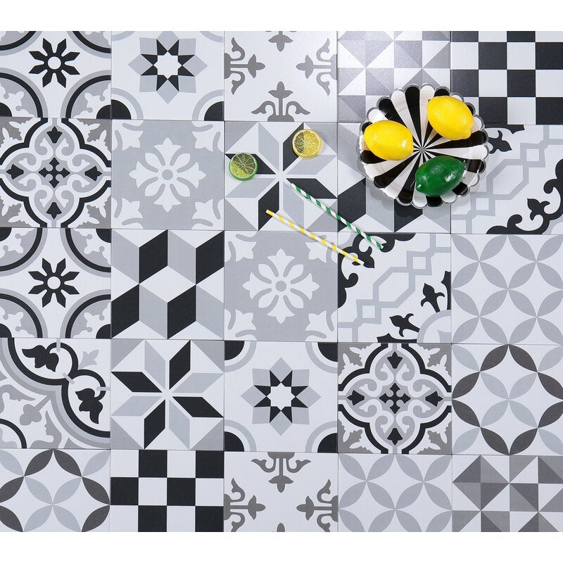 Black, Grey, White 8" x 8" Ceramic Patterned Wall and Floor Tile  EJ886