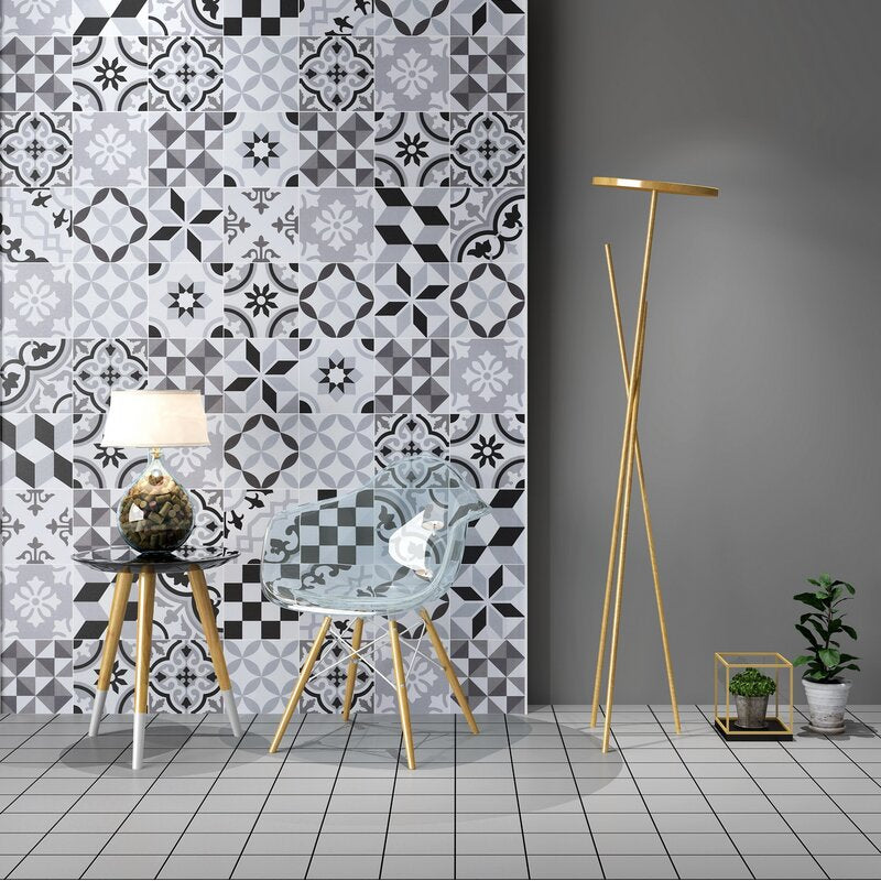 Black, Grey, White 8" x 8" Ceramic Patterned Wall and Floor Tile  EJ886