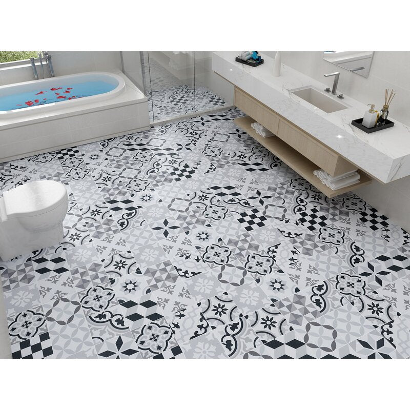 Black, Grey, White 8" x 8" Ceramic Patterned Wall and Floor Tile  EJ886