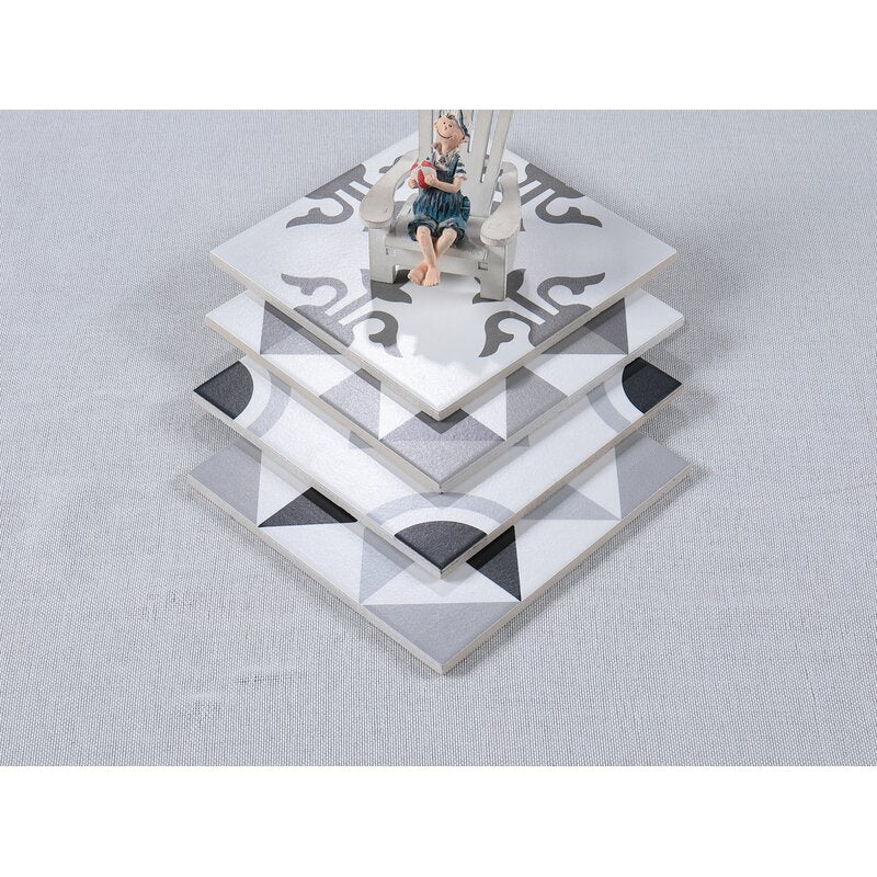 Black, Grey, White 8" x 8" Ceramic Patterned Wall and Floor Tile  EJ886