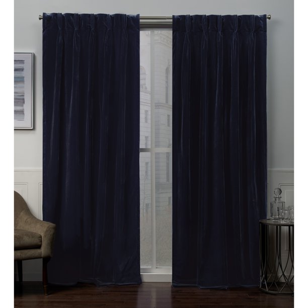 54" x 96"  Curtains Velvet Heavyweight Pinch Pleat Top Curtain Panel, Navy, Set of 2