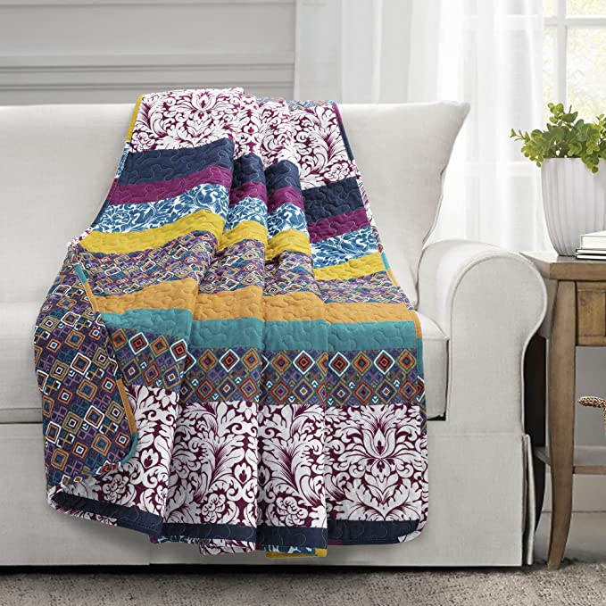 Boho Stripe Throw Blanket, 60" x 50", Plum & Yellow, Set of 3