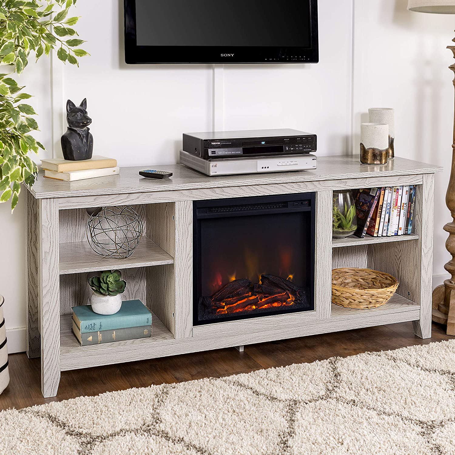 Walker Edison Wren Classic 4 Cubby Fireplace TV Stand for TVs up to 65 Inches, 58 Inch, White Wash