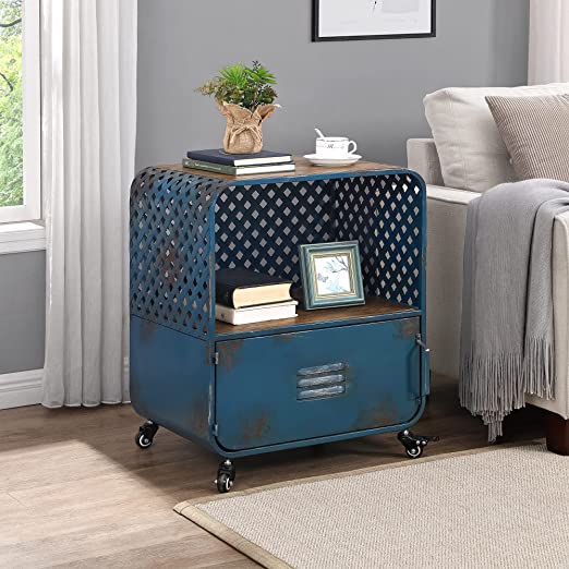 Blue Chelsea Lattice End Table Cart, Side Table, Night Stand, Metal and Wood