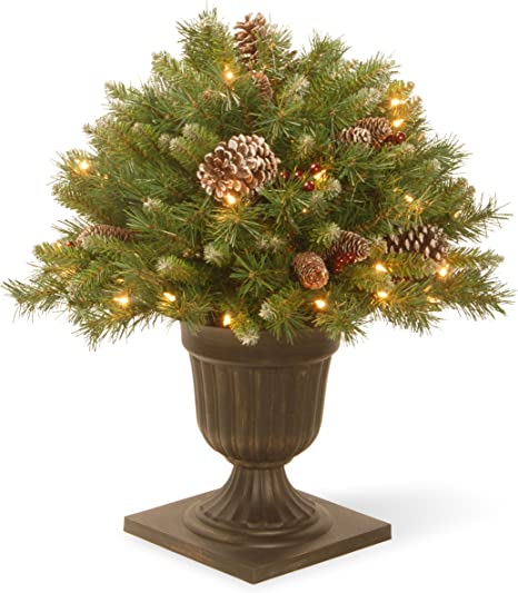 24 Inch Frosted Berry Porch Bush with Red Berries, Cones and 50 Clear Lights in Dark Bronze Urn