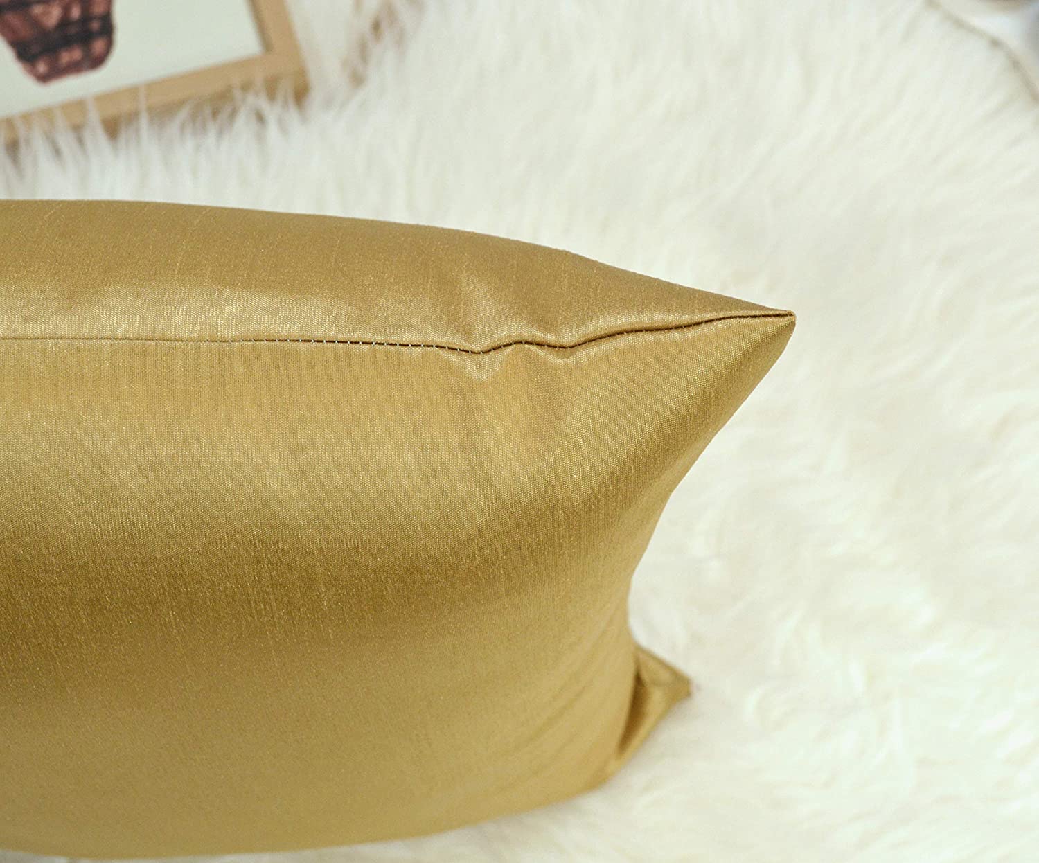 18x18 Inches Faux Silk Square Throw Pillow Cover, Zipper Closure, Brass (Set of 2)