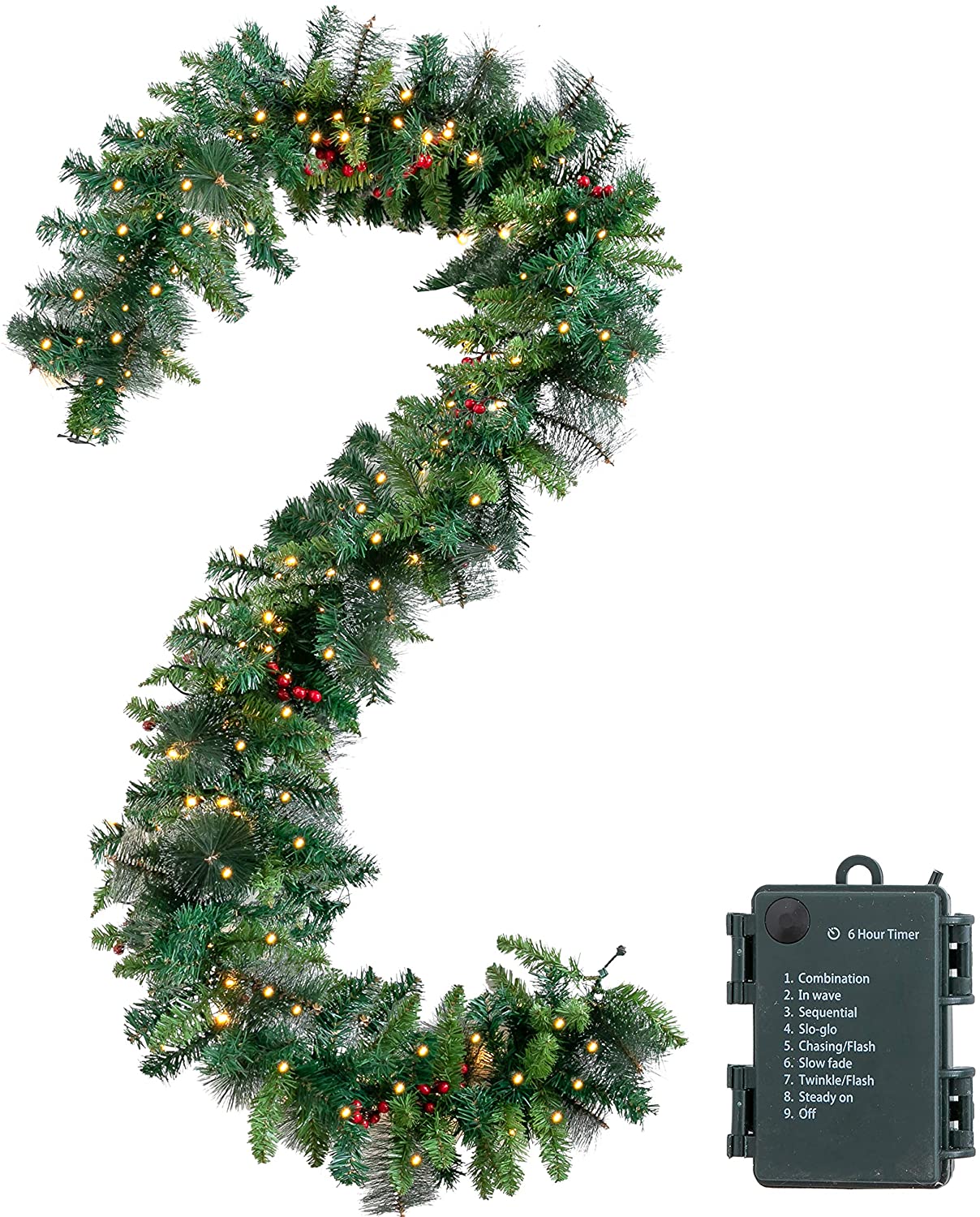 9 Ft Prelit Christmas Garland with 100 Warm White Lights & red berries, Artificial Garland for Christmas Holiday Season Decorations
