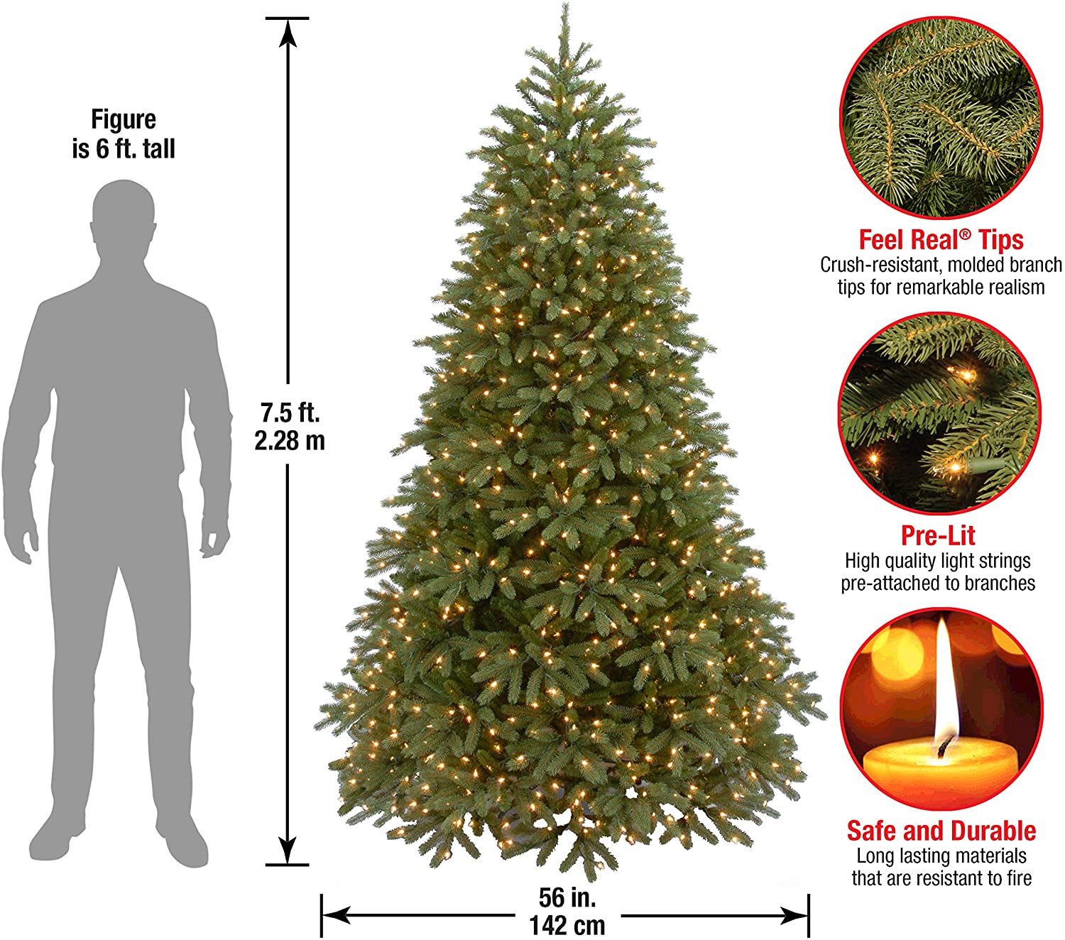 7.5' Feel Real Jersey Fraser Medium Fir  Artificial Christmas Tree with 1000 Clear Lights (#K6530)