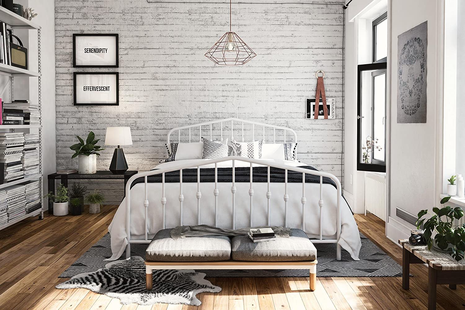 Novogratz Bushwick Metal Bed with Headboard and Footboard | Modern Design | Queen Size - White