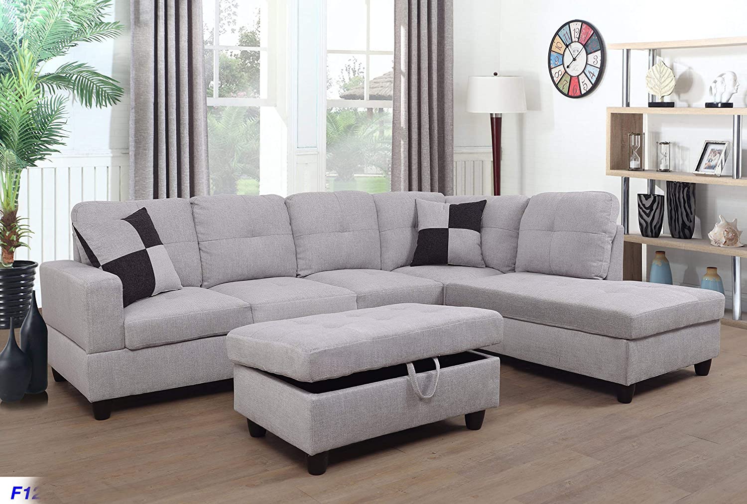 Beverly Fine Andes Furniture with Faux Leather Microfiber Sofa Set with Ottoman, Wood, Light Gray CA440