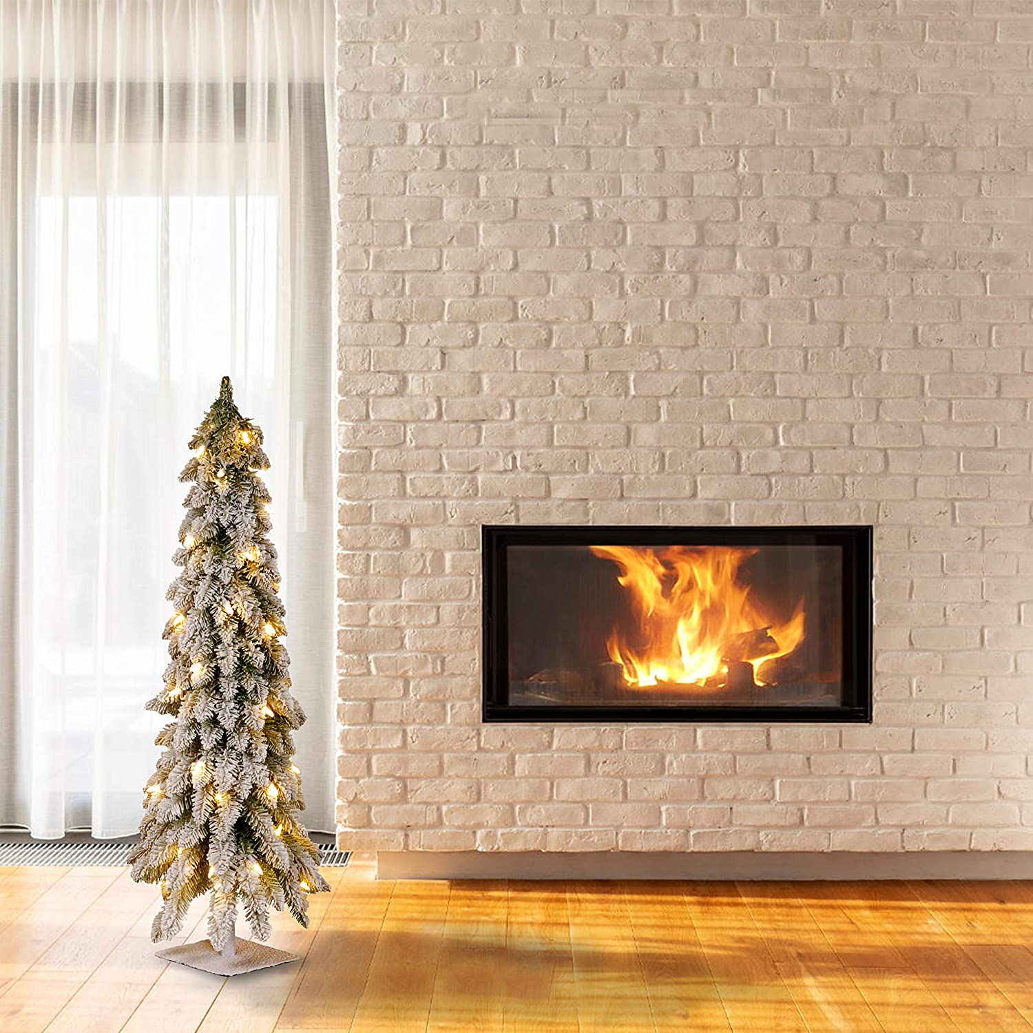 4' Snowy Downswept Forstree Artificial Christmas Tree with Metal Plate and Clear Lights (#K5985)
