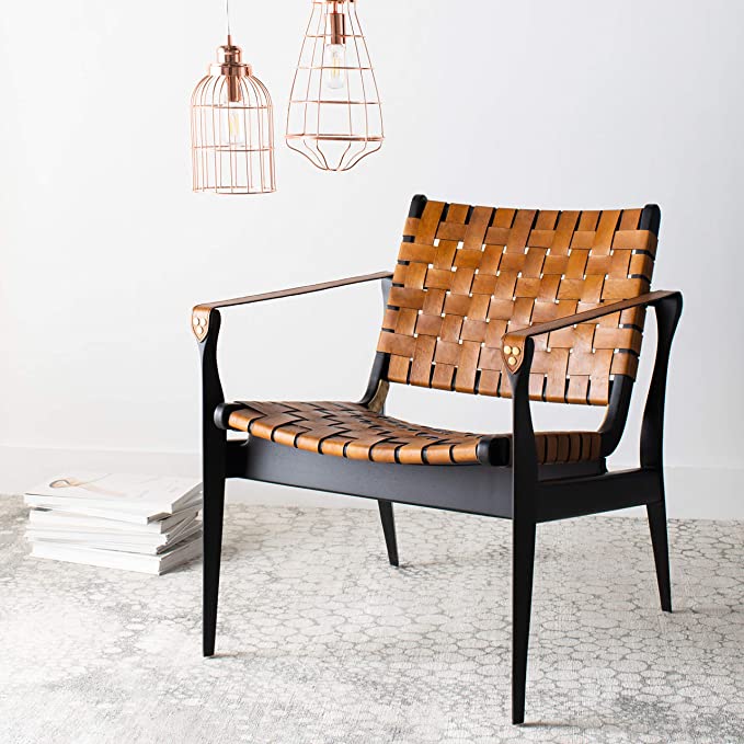 Black/Brown Couture Home Dilan Brown Leather Weave and Black Safari Accent Chair