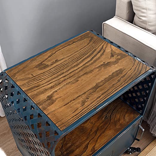 Blue Chelsea Lattice End Table Cart, Side Table, Night Stand, Metal and Wood