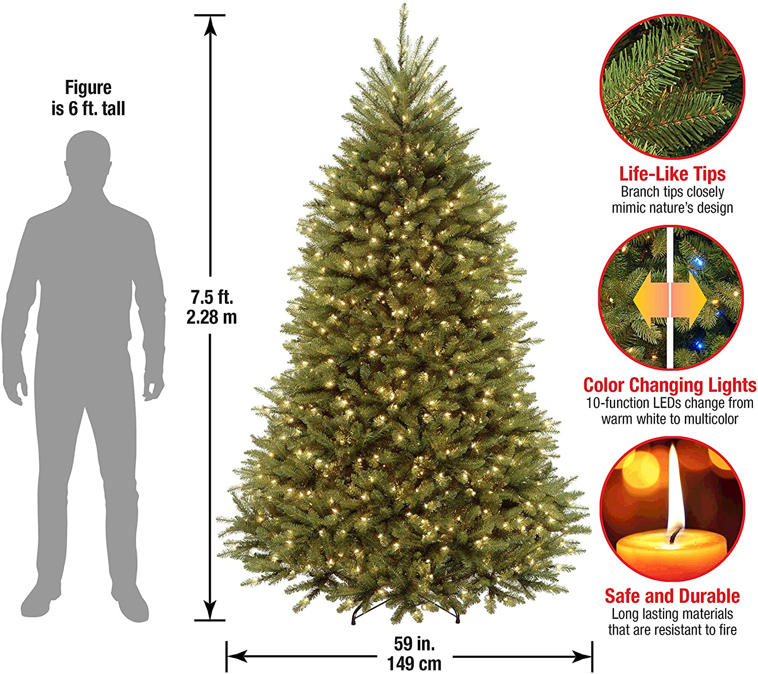 7.5' Dunhill Fir Artificial Christmas Tree with 700 Dual Lights (Soft White/ Multicolor) (#K5700)