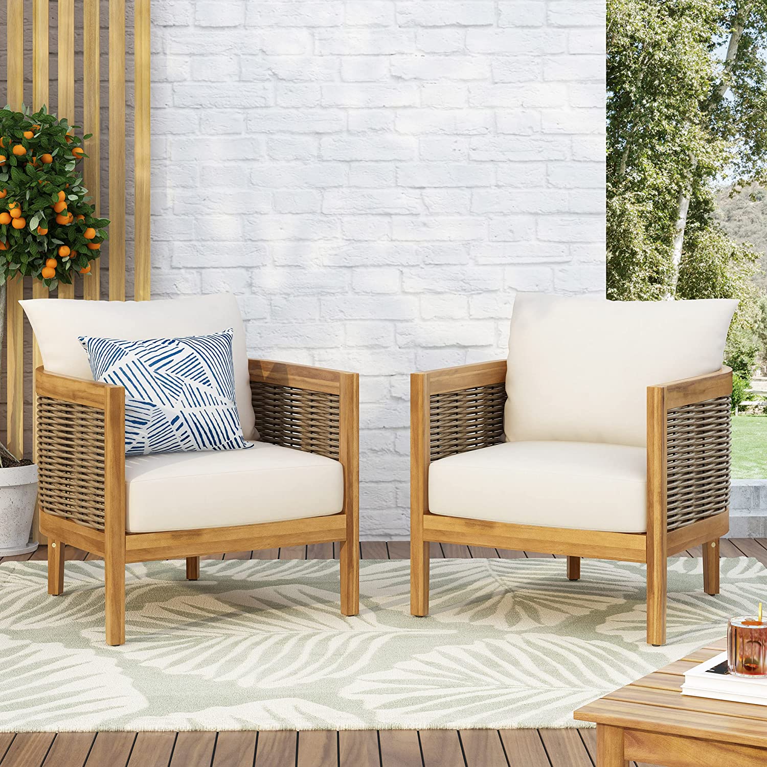 Burchett Teak Brown Removable Cushions Wood Outdoor Lounge Chair with White Cushion