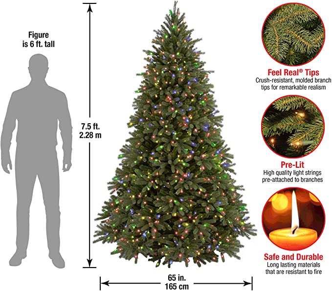 'Feel Real' Pre-lit Artificial Christmas Tree | Includes Pre-strung Multi-Color Lights and Stand | Jersey Fraser Fir - 7.5 ft