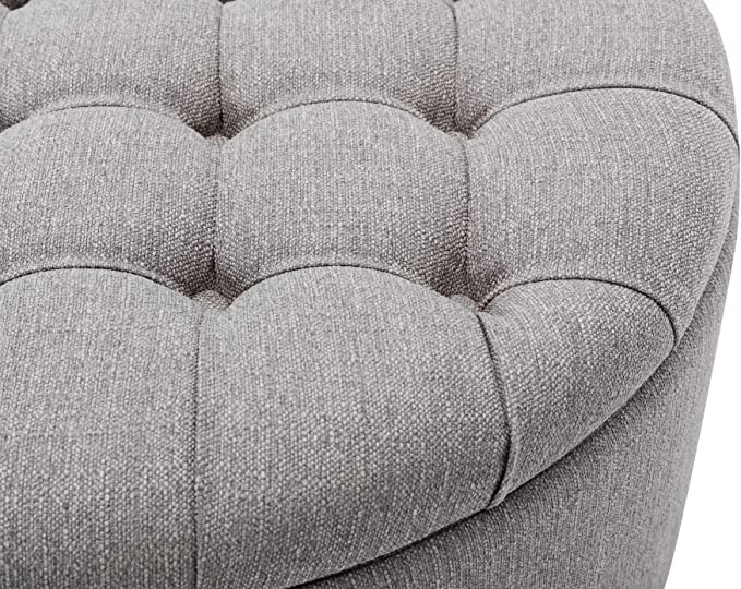 28-Inch Button Tufted Round Storage Ottoman with Lift Off Lid, Gray