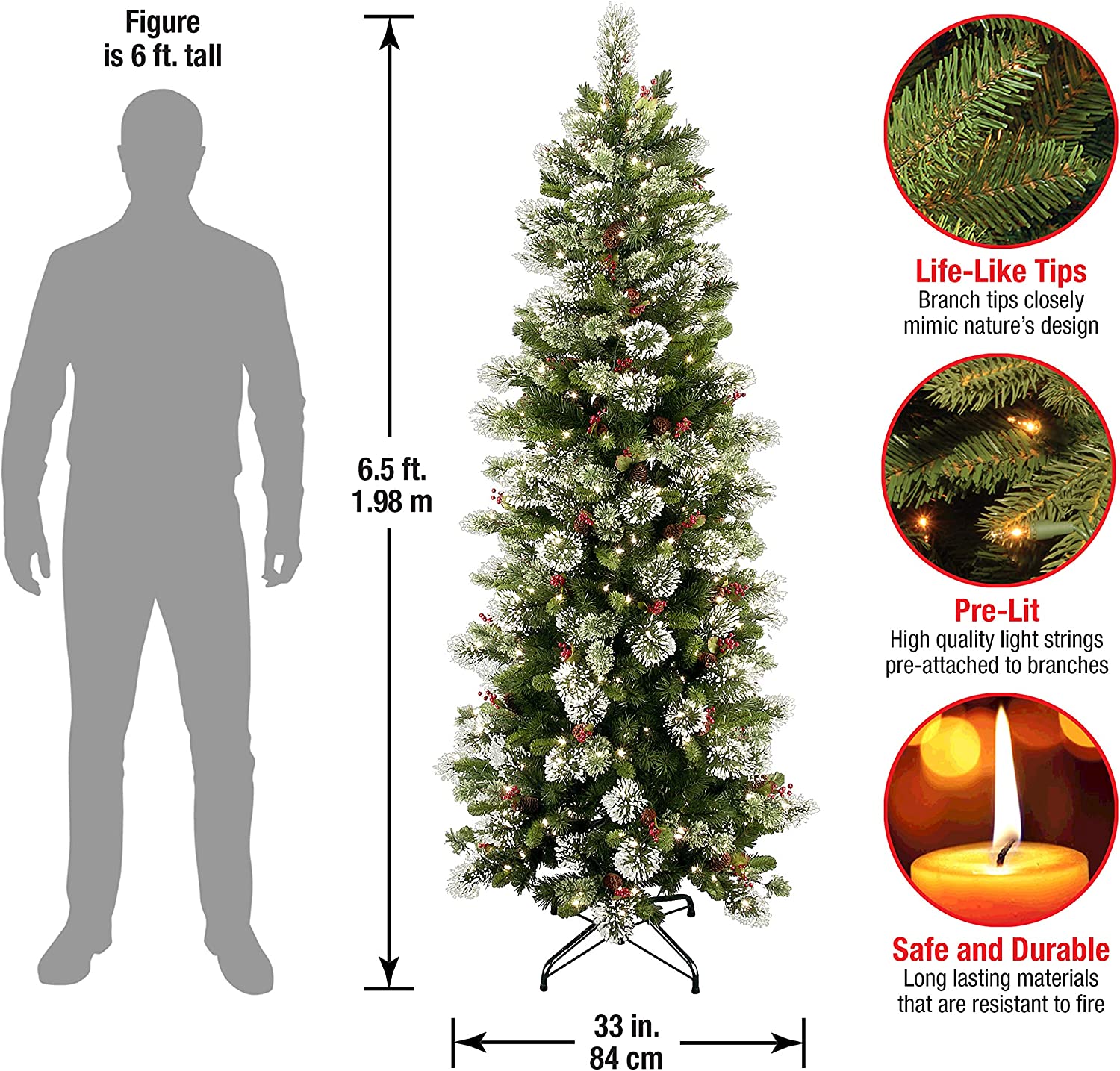 6.5' Wintry Slim Green Pine Artificial Christmas Tree with Cones, Berries, and Snowflakes (#K5757)