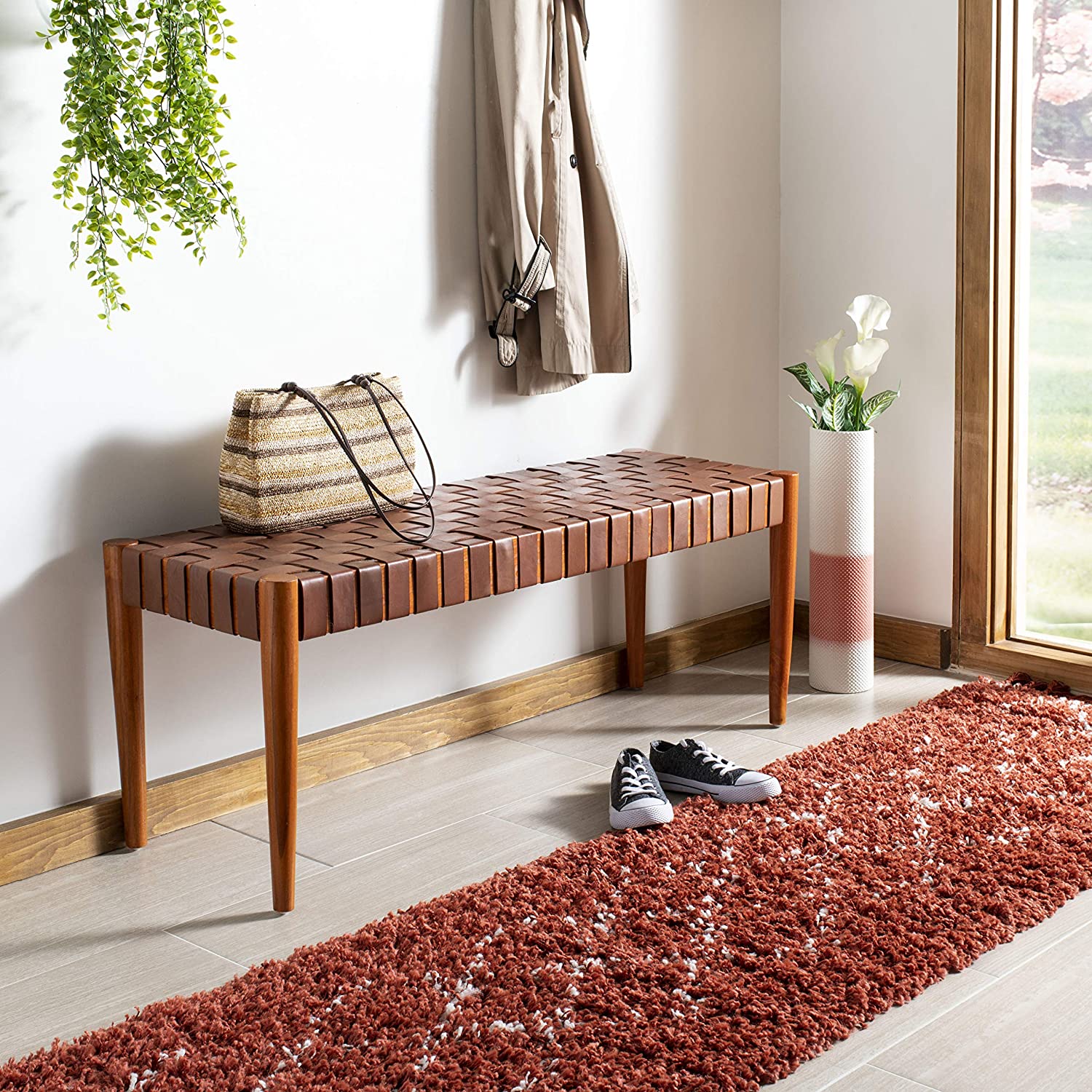 Safavieh Home Amalia  Dark Brown Leather Weave Bench Dr100