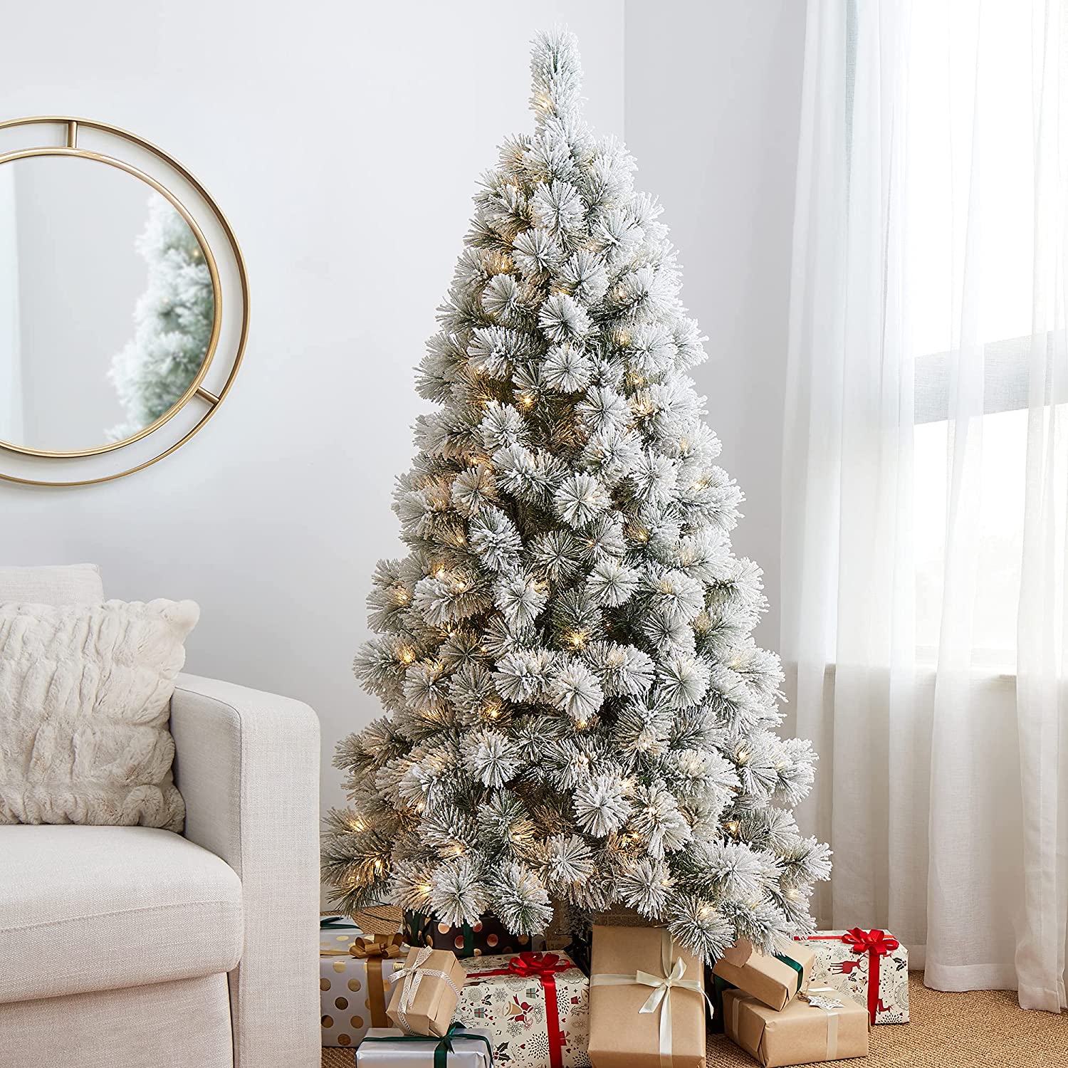 6ft Pre-Lit Flocked Pencil Pine Artificial Christmas Tree with 300 Warm White Lights, Green