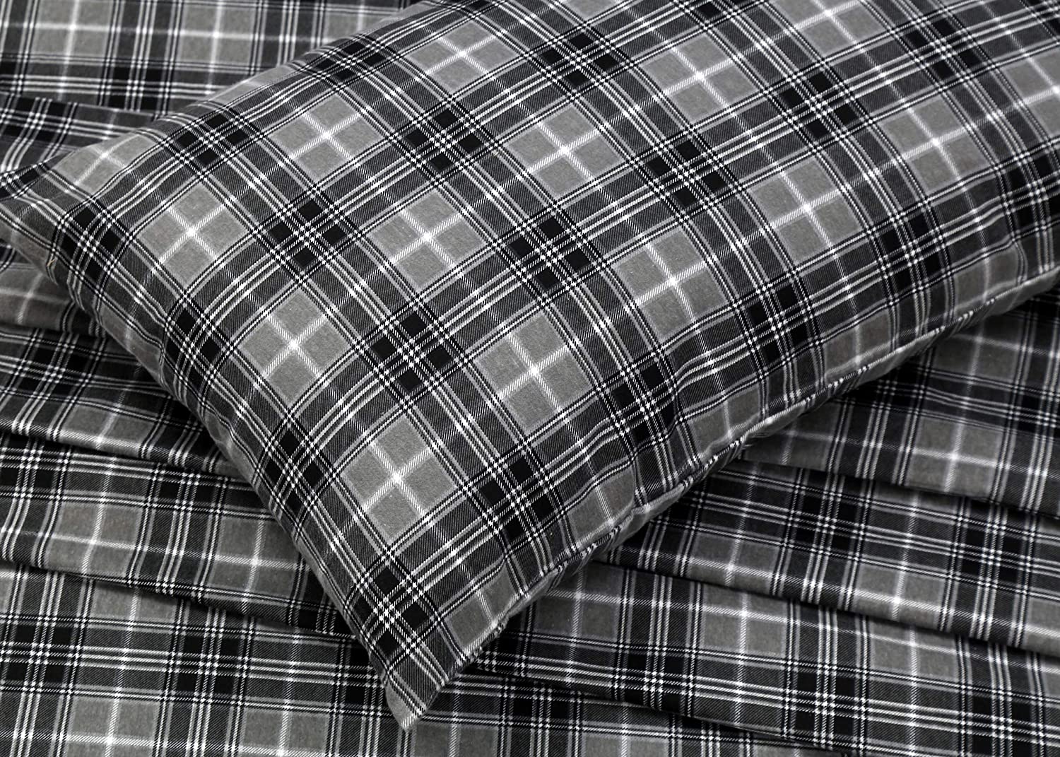 Ruvanti 100% Cotton 4 Piece Flannel Sheets Queen - Deep Pocket - Warm - Super Soft - Breathable Flannel Bed Sheets Set Queen Include Flat Sheet, Fitted Sheet & 2 Pillowcases (Buffalo Check Grey Plaid) SC596