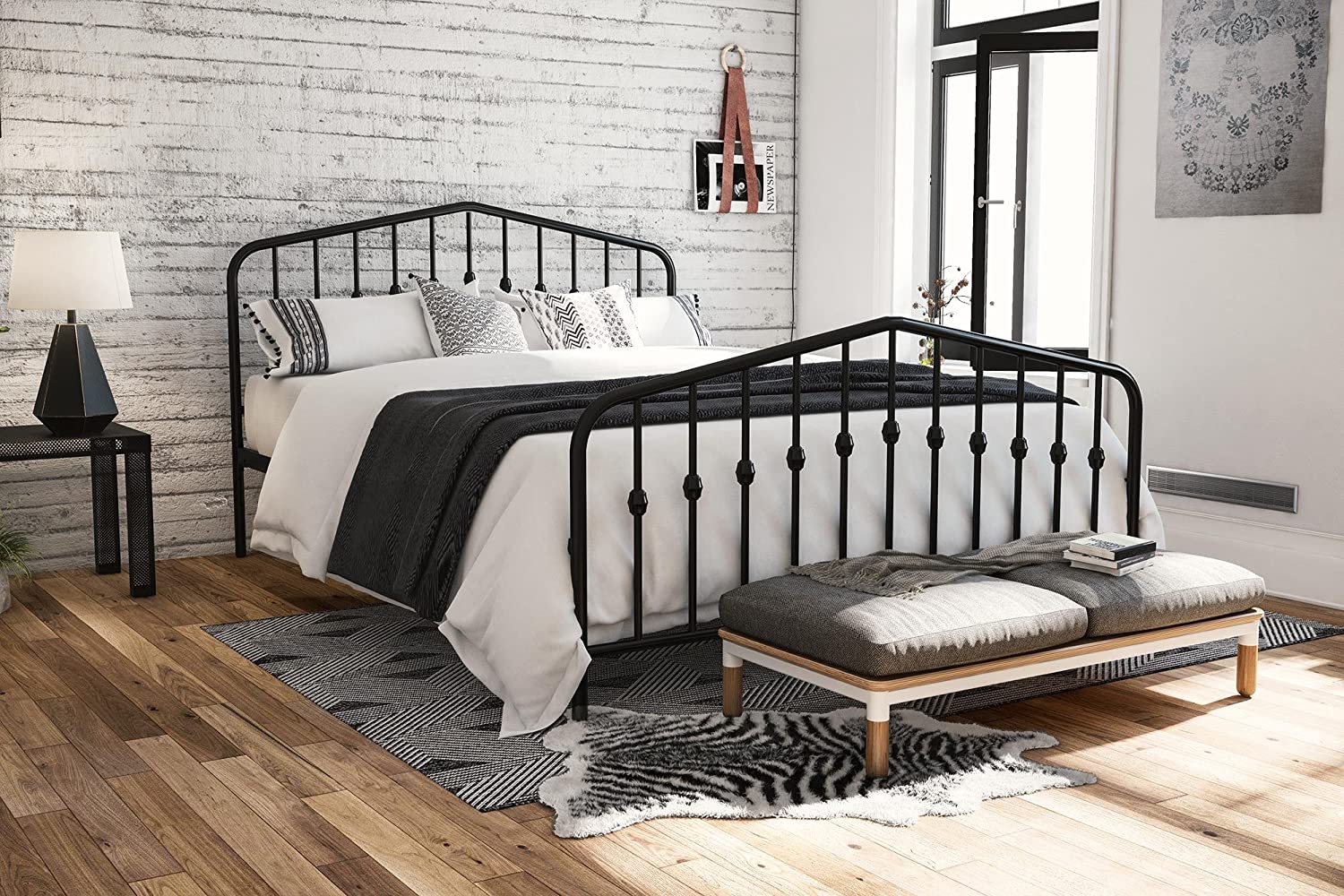Novogratz Bushwick Metal Bed with Headboard and Footboard | Modern Design | Queen Size - Black
