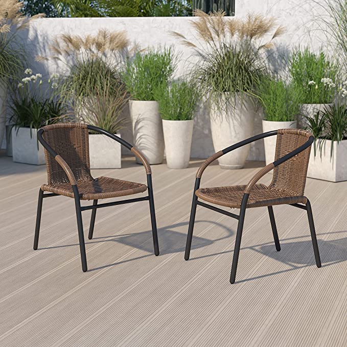 2 Pack Medium Brown Rattan Indoor-Outdoor Restaurant Stack Chair