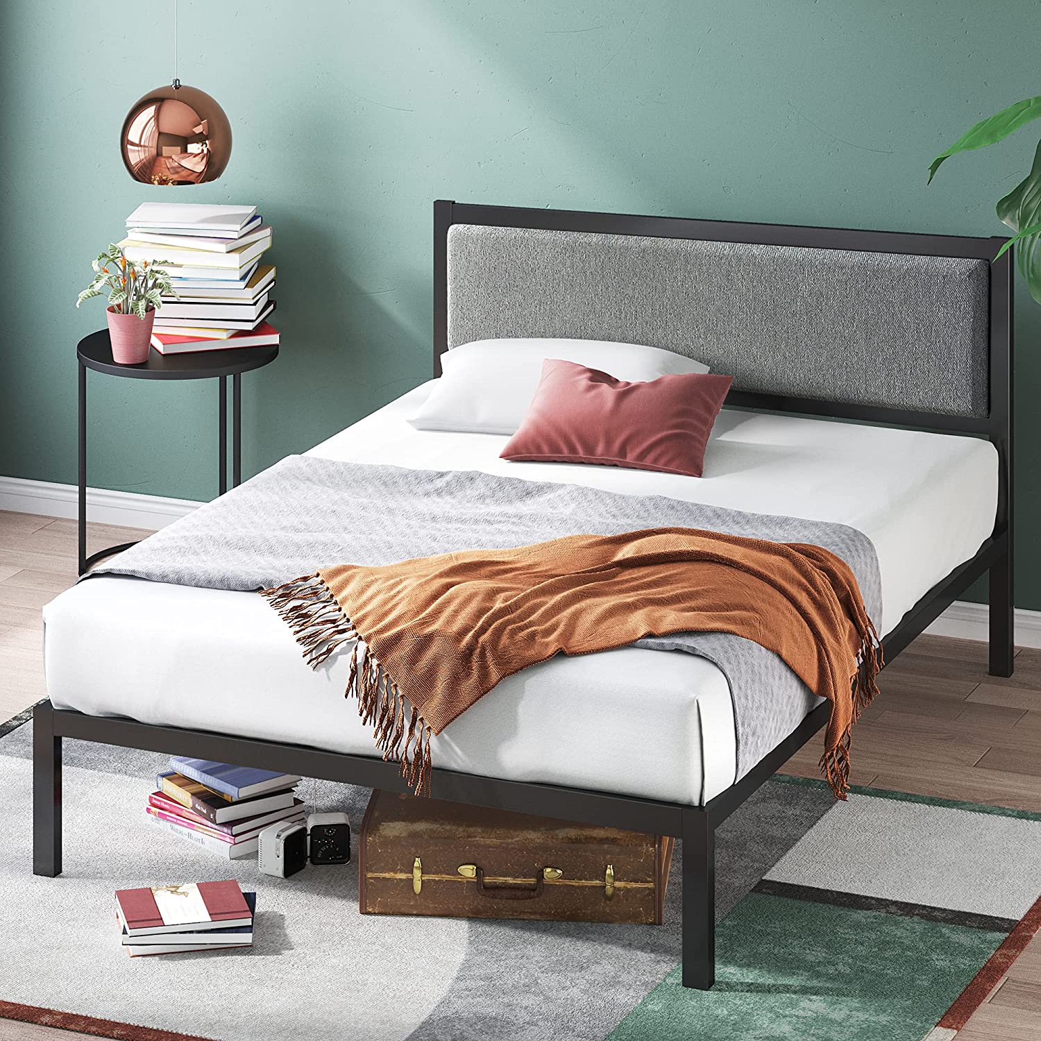 14 '' Zinus Metal Bed Frame Platform with Upholstered Headboard / Base Mattress / Support with Wood Slat, Steel, Black KB440