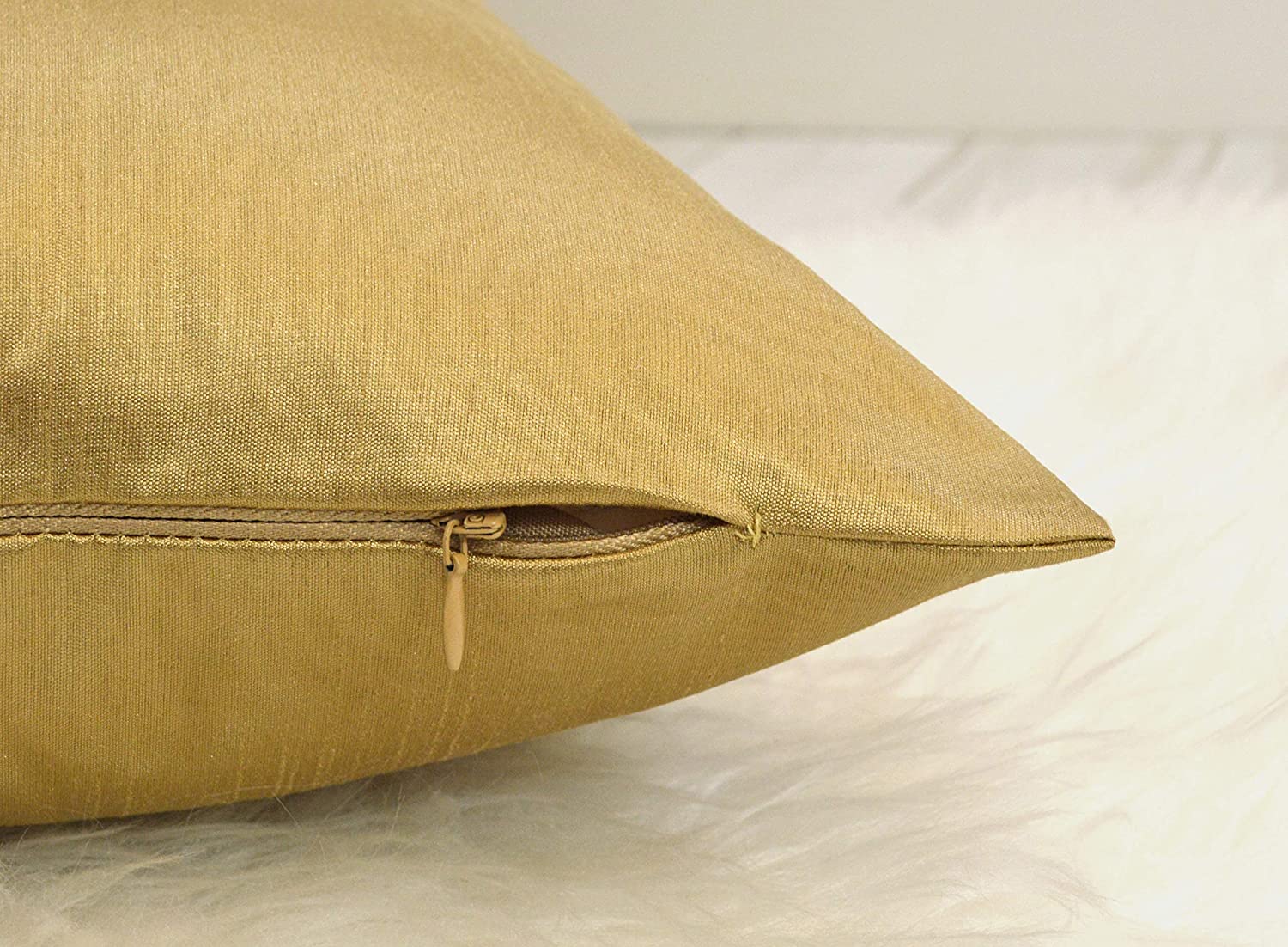 18x18 Inches Faux Silk Square Throw Pillow Cover, Zipper Closure, Brass (Set of 2)