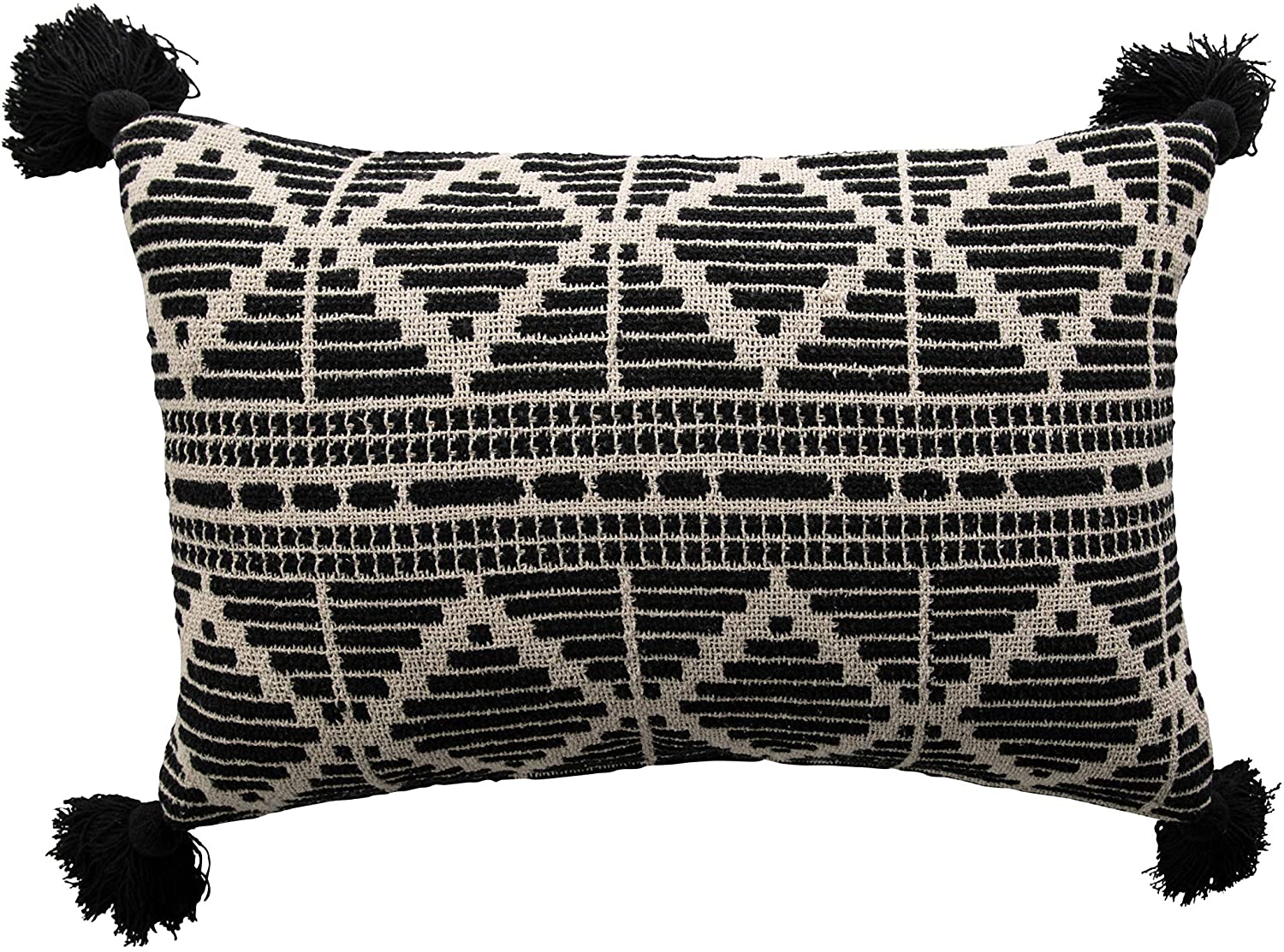 Bloomingville Black and Beige Woven Recycled Cotton Blend Lumbar Tassels Pillow K7262