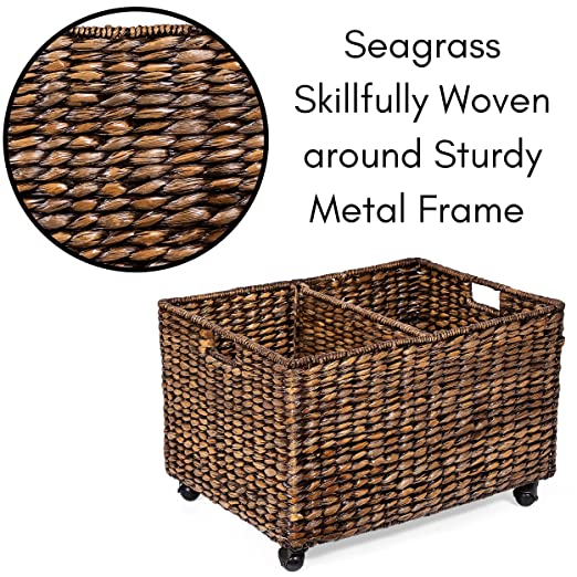 Rolling Storage and Recycling Bin - Brown Wash - Handwoven - Divided Decorative Cart - Kitchen - Paper Cans Glass Plastic Sorter - Toy Blanket Storage