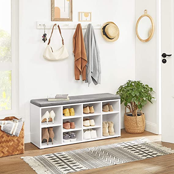Bench, Storage Bench, Shoe Rack Bench, Shoe Shelf, Storage Cabinet, 10 Compartments, with Cushion, for Entryway, 11.8 x 40.9 x 18.9 Inches, White and Gray