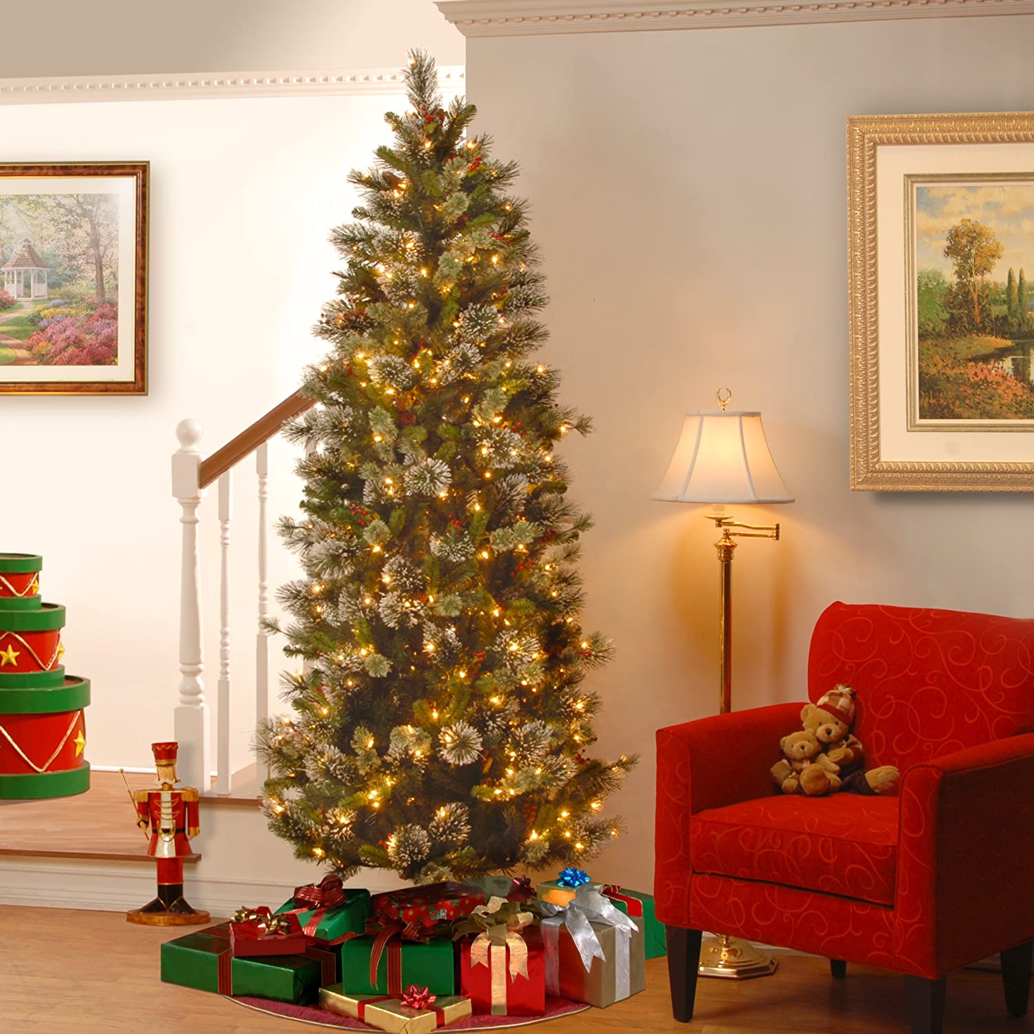 6.5' Wintry Slim Green Pine Artificial Christmas Tree with Cones, Berries, and Snowflakes (#K5757)