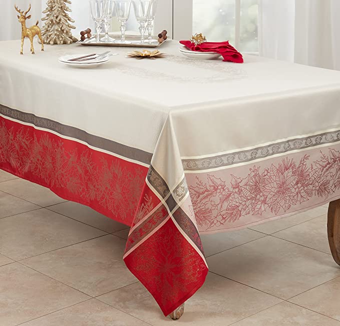 Nouela Collection Jacquard Christmas Tablecloth, 72"X140", Red