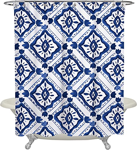 Navy Moroccan Tile Fabric Shower Curtains Bathroom Decor Polyester 72 x 72 with 12 Hooks Mosaic Shower Curtain Fabric Medallion Shower Curtains for Bathroom