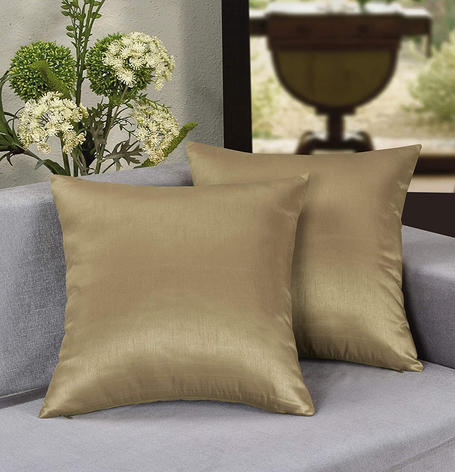 18x18 Inches Faux Silk Square Throw Pillow Cover, Zipper Closure, Brass (Set of 2)