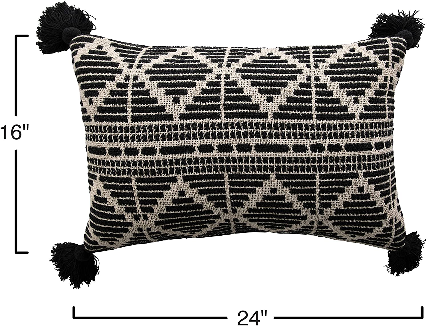 Bloomingville Black and Beige Woven Recycled Cotton Blend Lumbar Tassels Pillow K7262