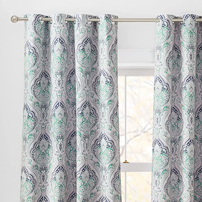 Blackout Curtains for Bedroom Living Room Curtains Geometry Medallion Backdrop Curtains for Bathroom French Door, Biscay Green, Wide 52 x Long 63, 2 Panels
