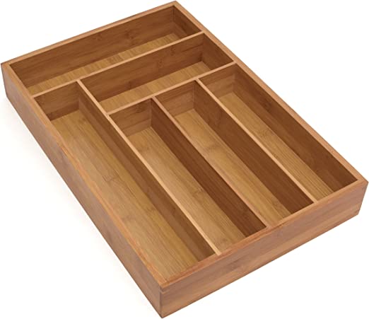 8878 Bamboo Wood Deep Flatware Organizer with 6 Compartments, 12" x 17-1/2" x 2-1/2"