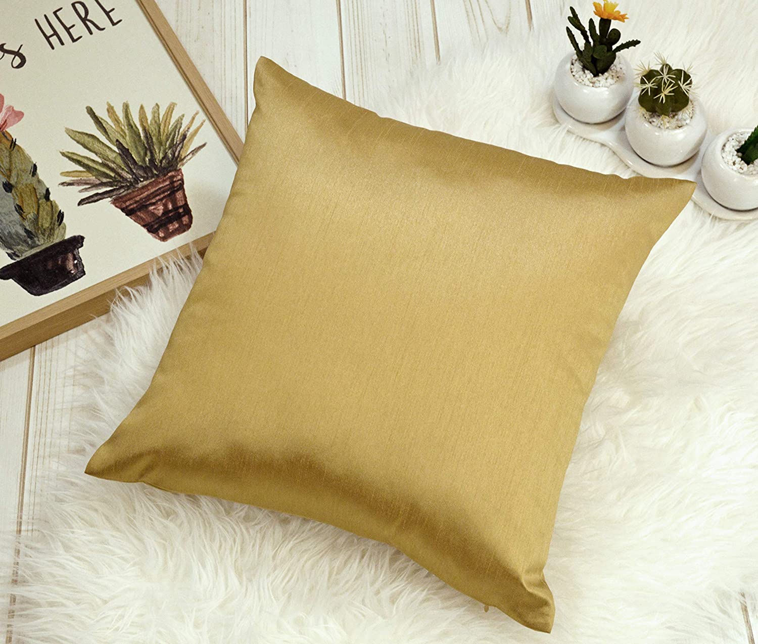 18x18 Inches Faux Silk Square Throw Pillow Cover, Zipper Closure, Brass (Set of 2)