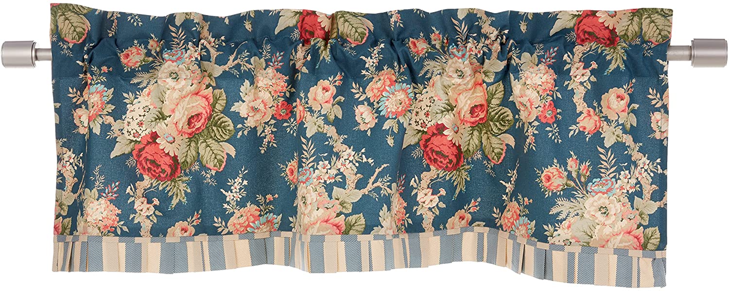 Waverly Sanctuary Rose Ascot Layered Valance Rod Pocket Window Curtains for Kitchen or Bathroom, 52" x 16", Heritage Blue