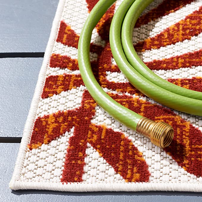 4' x 6' Cream / Red Botanical Indoor/ Outdoor Non-Shedding Easy Cleaning Patio Backyard Porch Deck Mudroom Accent Rug